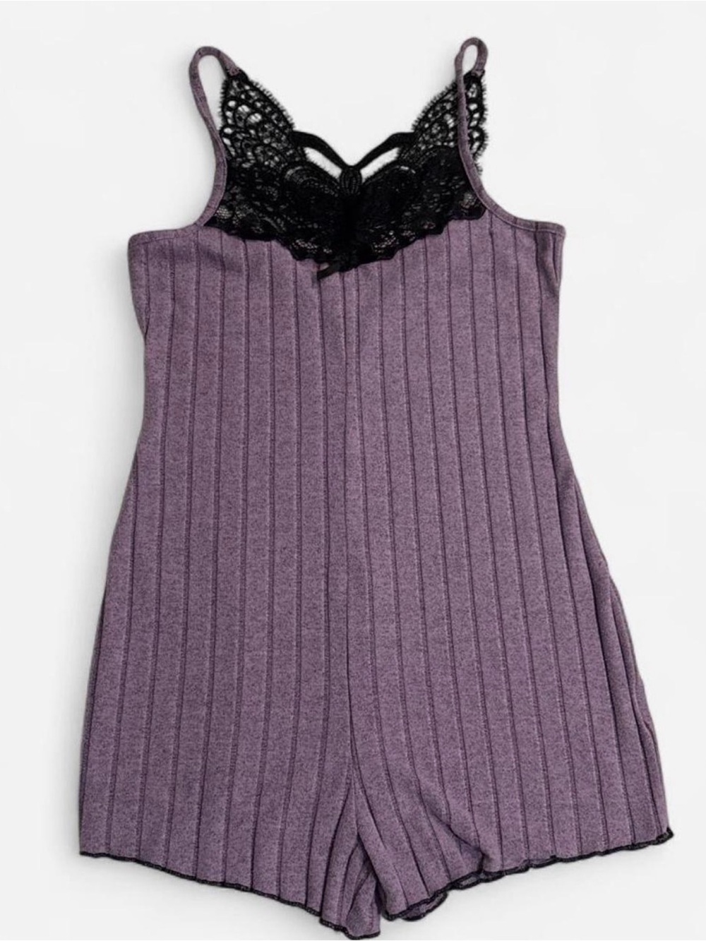 Ribbed Lace-Trim Sleep Romper in Purple
